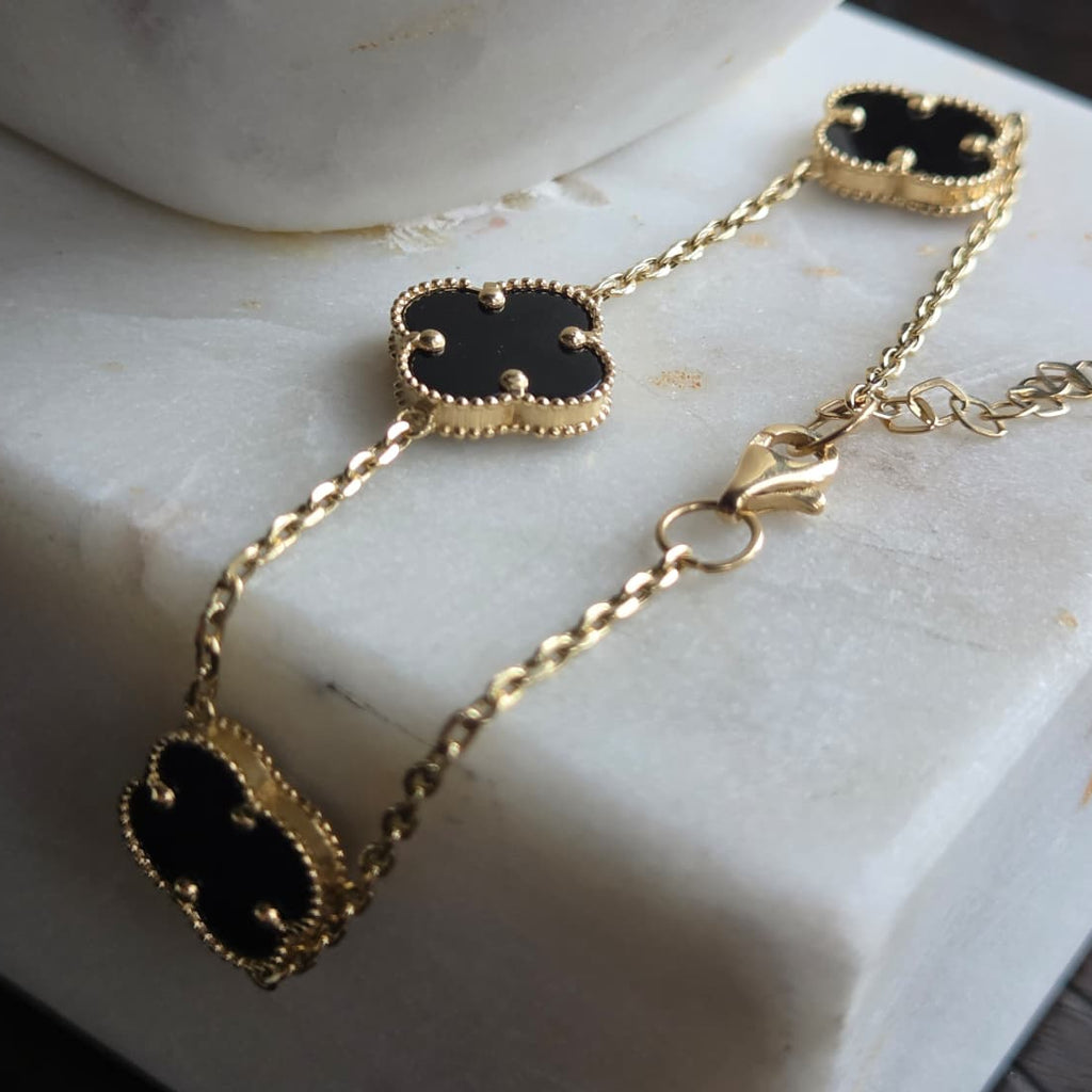 Jewelry Sets Trébol Negro en Oro 18K (Aretes, Dije, Cadena y Pulsera)