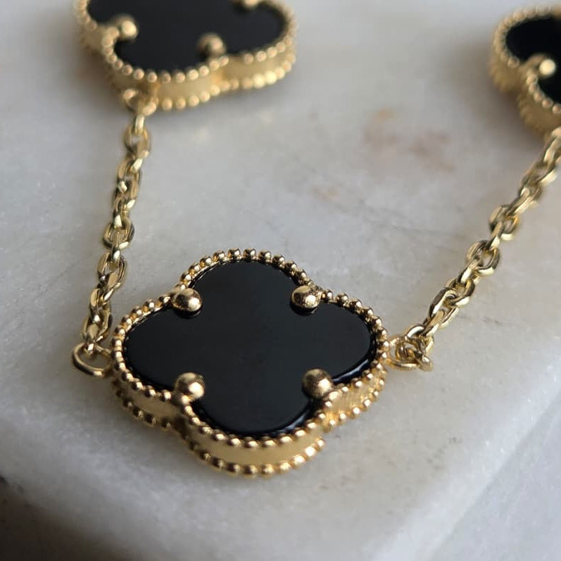 Jewelry Sets Trébol Negro en Oro 18K (Aretes, Dije, Cadena y Pulsera)
