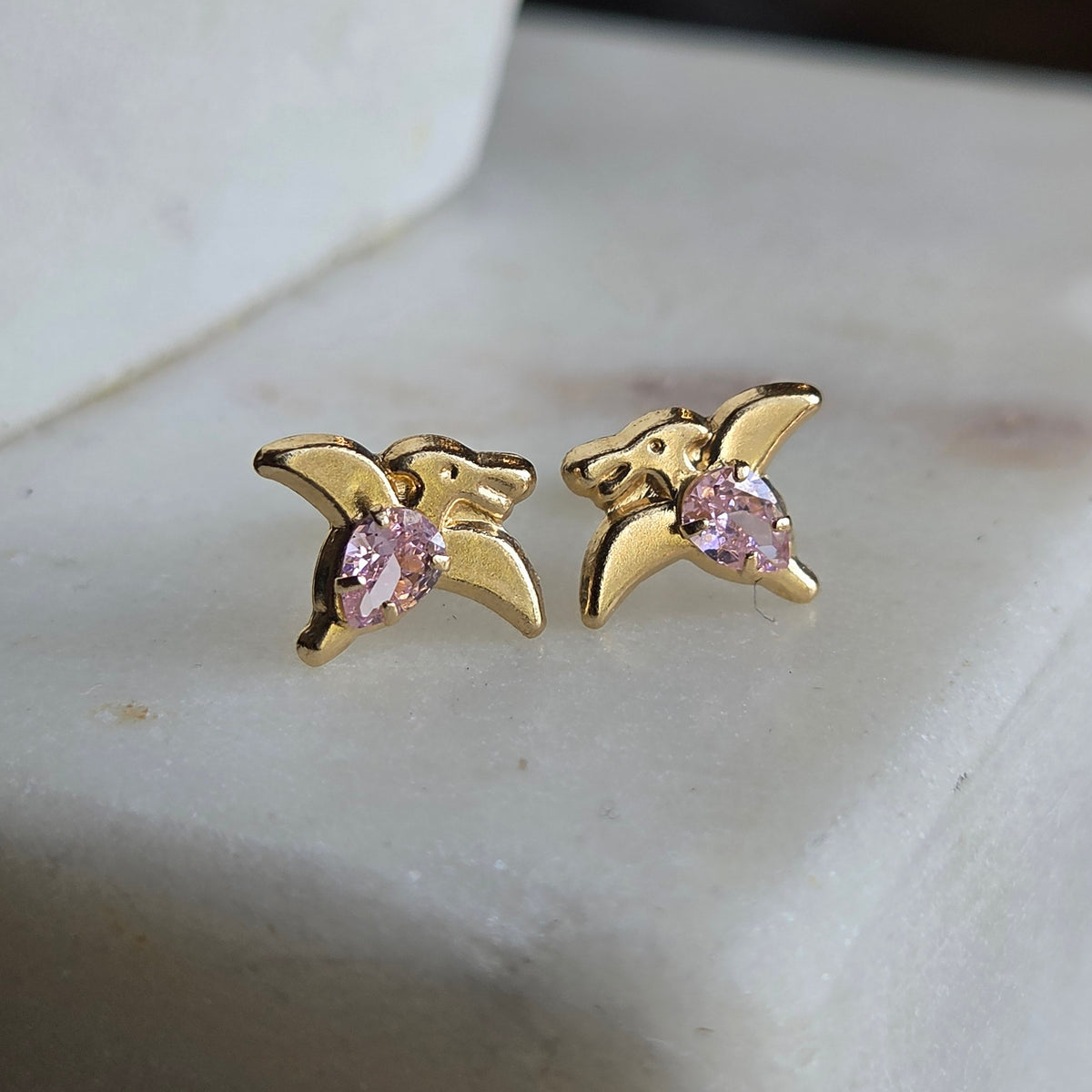 Aretes de Pajarito con Circonia Rosa en Oro 14K