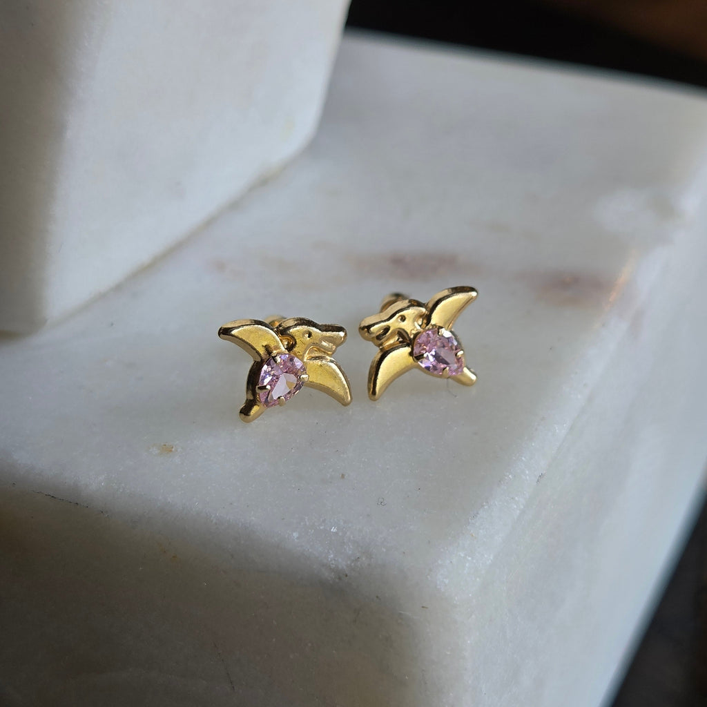 Aretes de Pajarito con Circonia Rosa en Oro 14K